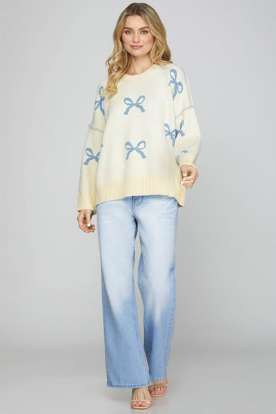 BLUE BOW CUFFED SLEEVE CREAM SWEATER SWEATER FashionWear Collection 