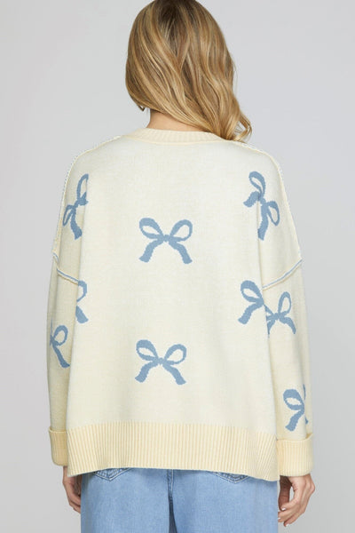 BLUE BOW CUFFED SLEEVE CREAM SWEATER SWEATER FashionWear Collection 