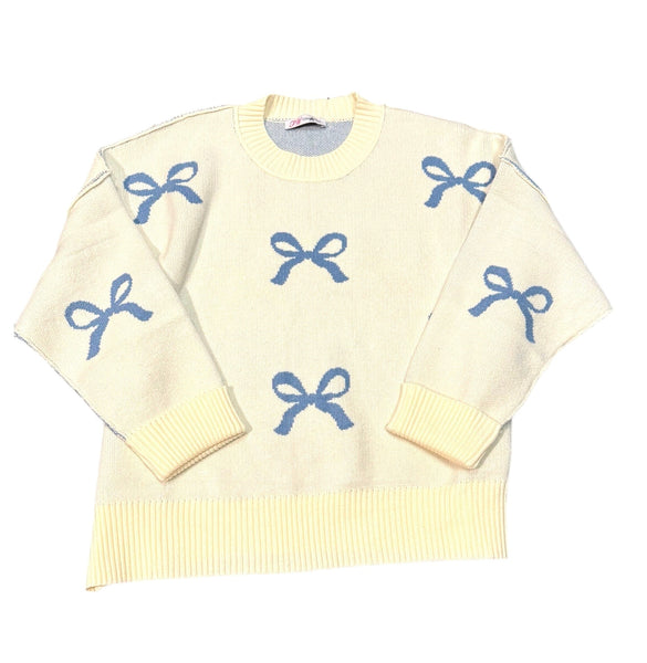 BLUE BOW CUFFED SLEEVE CREAM SWEATER SWEATER FashionWear Collection 