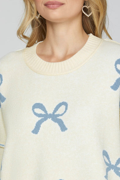 BLUE BOW CUFFED SLEEVE CREAM SWEATER SWEATER FashionWear Collection 