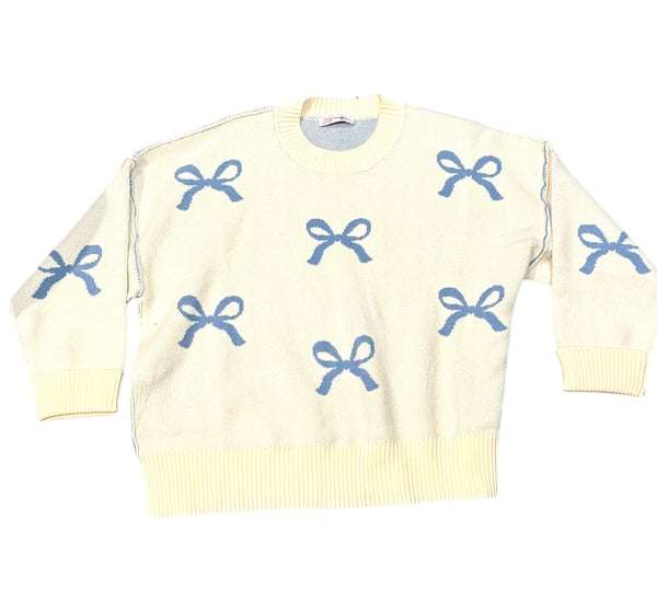 BLUE BOW CUFFED SLEEVE CREAM SWEATER SWEATER FashionWear Collection 