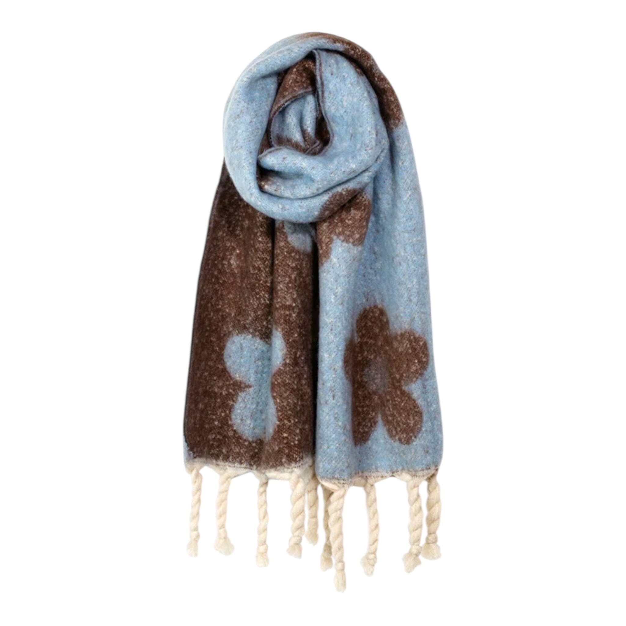 BLUE BROWN FLOWER PRINT TASSEL SCARF Scarf FashionWear Canada Blue/Brown 