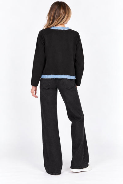 BLUE DENIM TRIMMED BLACK CARDIGAN WITH FRONT POCKETS Cardigan NIKKY 
