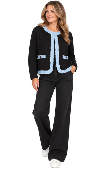 BLUE DENIM TRIMMED BLACK CARDIGAN WITH FRONT POCKETS Cardigan NIKKY S Black/Denim Trim 