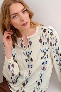 BLUE EMBROIDERED OFF WHITE BLOUSE Blouse CREAM 34 Off White/Blue 