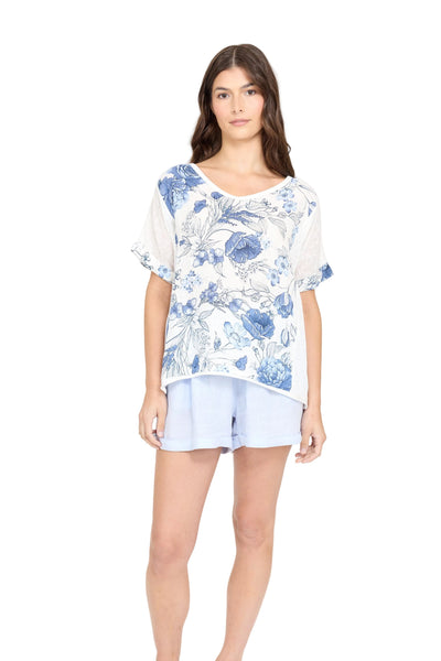 BLUE FLORAL PRINTED SHORT SLEEVE V NECK LINEN AND KNITTED TOP Top Pistache XS Blue Floral 