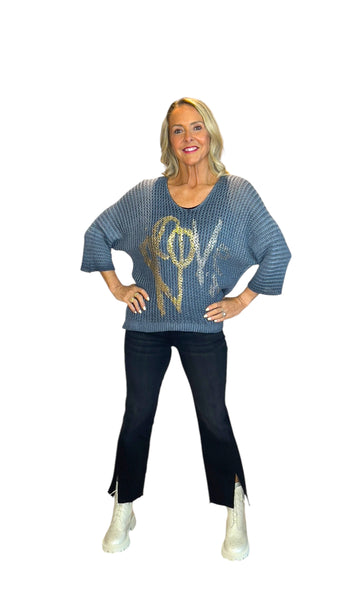 BLUE METALLIC HEART LEOPARD LOOSE OPEN KNIT SWEATER Sweater Karma 