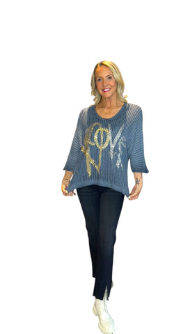 BLUE METALLIC HEART LEOPARD LOOSE OPEN KNIT SWEATER Sweater Karma 