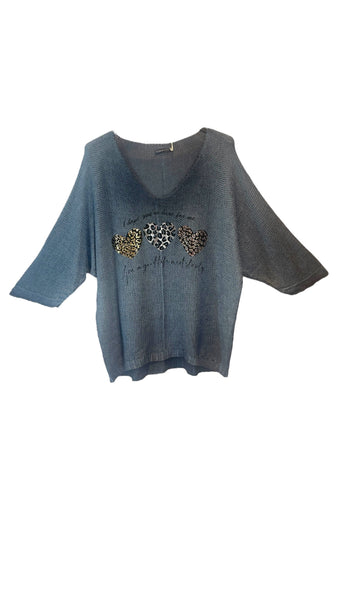 BLUE METALLIC HEART LEOPARD LOOSE OPEN KNIT SWEATER Sweater Karma 