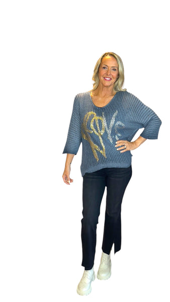 BLUE METALLIC HEART LEOPARD LOOSE OPEN KNIT SWEATER Sweater Karma 