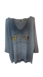 BLUE METALLIC HEART LEOPARD LOOSE OPEN KNIT SWEATER Sweater Karma OS Blue 