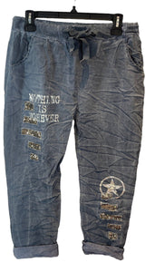 BLUE METALLIC PRINTED STAR CRINKLE JOGGER PANT Pant Bella Amore S/M Blue 