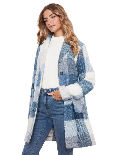 BLUE MIX PLAID BOUCLE KNIT TAILORED COLLAR COAT Jacket Charlie B 