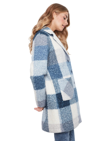 BLUE MIX PLAID BOUCLE KNIT TAILORED COLLAR COAT Jacket Charlie B 