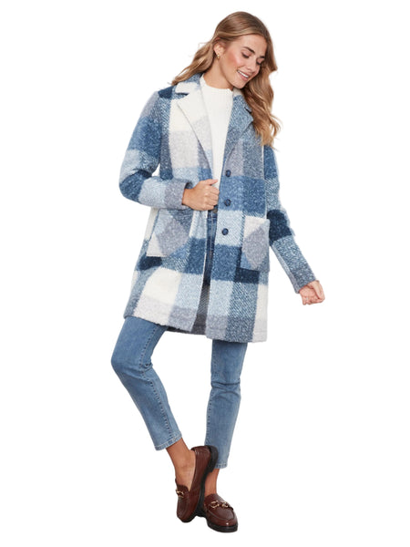 BLUE MIX PLAID BOUCLE KNIT TAILORED COLLAR COAT Jacket Charlie B 