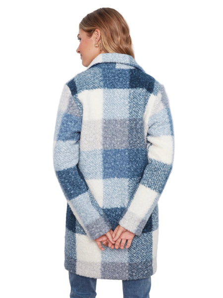 BLUE MIX PLAID BOUCLE KNIT TAILORED COLLAR COAT Jacket Charlie B 