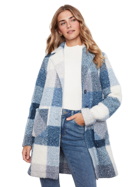 BLUE MIX PLAID BOUCLE KNIT TAILORED COLLAR COAT Jacket Charlie B 