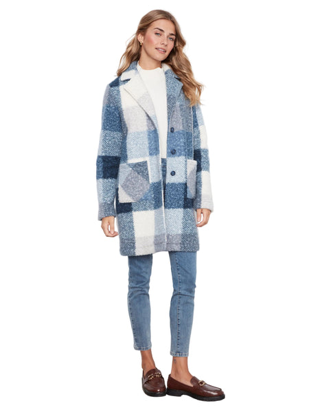 BLUE MIX PLAID BOUCLE KNIT TAILORED COLLAR COAT Jacket Charlie B 