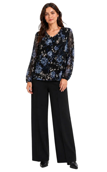 BLUE NAVY FLORAL PLEATED GEORGETTE FLOWY V NECK TOP Blouse Pistache 