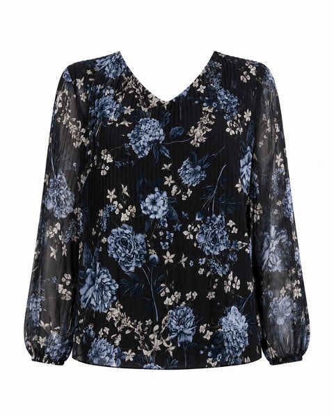 BLUE NAVY FLORAL PLEATED GEORGETTE FLOWY V NECK TOP Blouse Pistache 