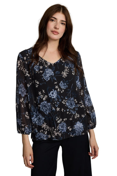BLUE NAVY FLORAL PLEATED GEORGETTE FLOWY V NECK TOP Blouse Pistache S Blue Navy Floral 