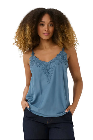 BLUE SLEEVELESS TANK WITH LACE DETAIL NECKLINE T-Shirt CREAM 