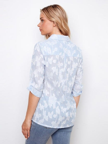 BLUE STRIPED FLORAL BUTTON DOWN LONG SLEEVE SHIRT Shirts & Tops Charlie B 