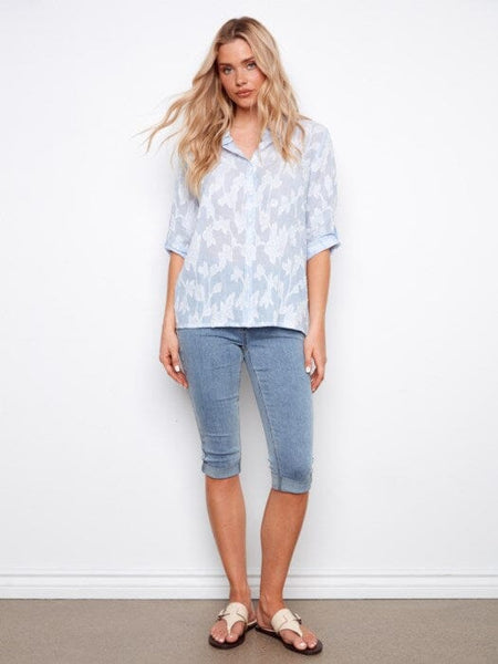 BLUE STRIPED FLORAL BUTTON DOWN LONG SLEEVE SHIRT Shirts & Tops Charlie B 