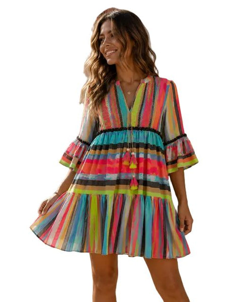 BOHO TASSLE TIE COLOURFUL COTTON DRESS Dress Eternelle O/S Multi 