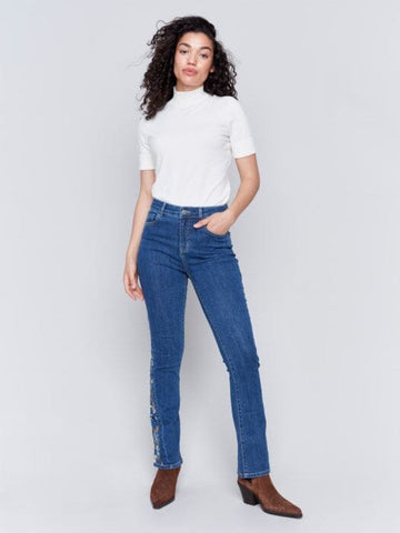 BOOTCUT JEANS WITH SIDE FLORAL EMBROIDERY Pant Charlie B. 