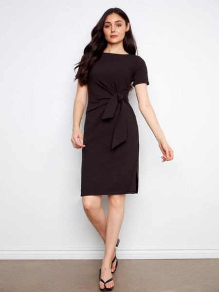 BOW FRONT TIE SHORT SLEEVE BLACK DRESS Dresses Charlie B 