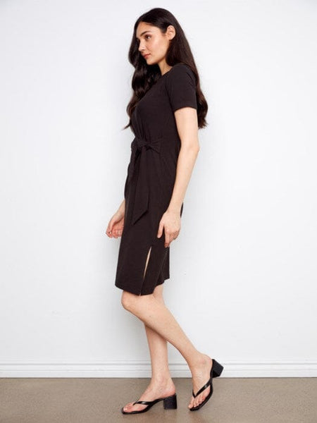 BOW FRONT TIE SHORT SLEEVE BLACK DRESS Dresses Charlie B 