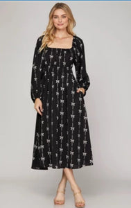 BOW PRINTED ELASTIC SLEEVE LINED LONG DRESS Dress FashionWear Collection S Black/White Bow 