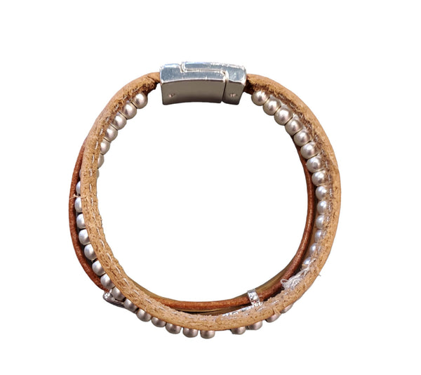 BRACELET SILVER PEARL AND CAMEL LEATHER Jewelry FashionWear Collection 