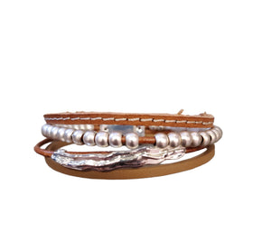 BRACELET SILVER PEARL AND CAMEL LEATHER Jewelry FashionWear Collection Camel 