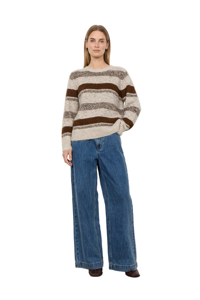 BROWN AND GREY KNIT STRIPED CREWNECK SWEATER SWEATER SOYA CONCEPT 