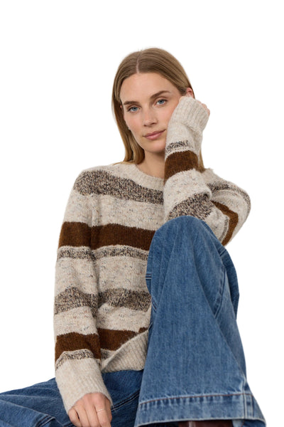 BROWN AND GREY KNIT STRIPED CREWNECK SWEATER SWEATER SOYA CONCEPT 