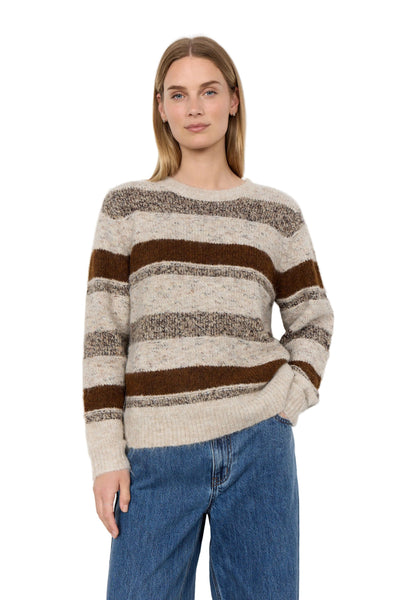 BROWN AND GREY KNIT STRIPED CREWNECK SWEATER SWEATER SOYA CONCEPT S Chocolate Plum Mix 