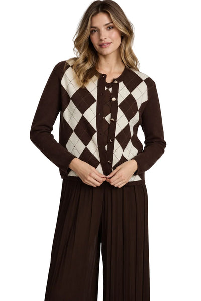 BROWN ARGYLE KNIT CARDIGAN SWEATER Pistache S Brown Argyle 