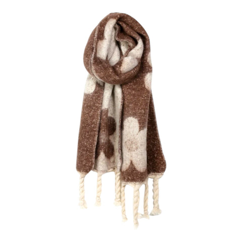 BROWN BEIGE FLOWER PRINT TASSEL SCARF Scarf FashionWear Canada Brown/Beige 