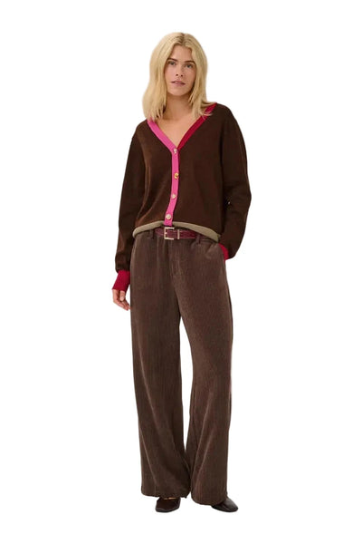 BROWN COLORBLOCK CARDIGAN WITH CHARM BUTTONS Cardigan CULTURE 