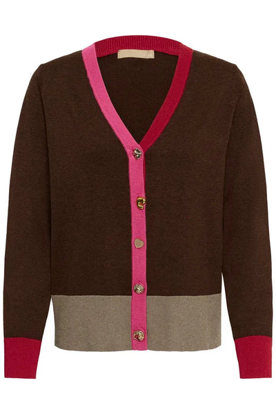 BROWN COLORBLOCK CARDIGAN WITH CHARM BUTTONS Cardigan CULTURE 
