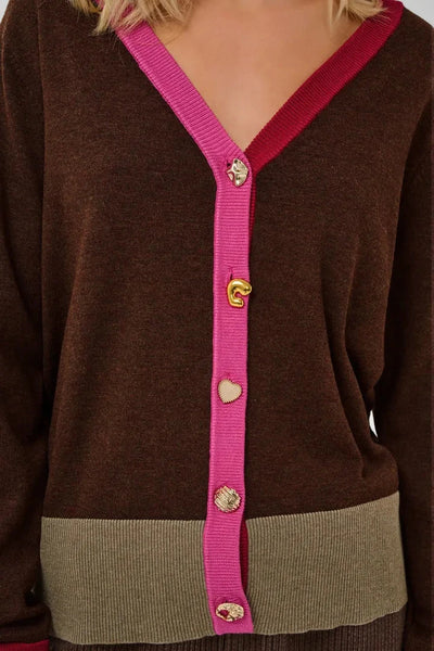 BROWN COLORBLOCK CARDIGAN WITH CHARM BUTTONS Cardigan CULTURE 