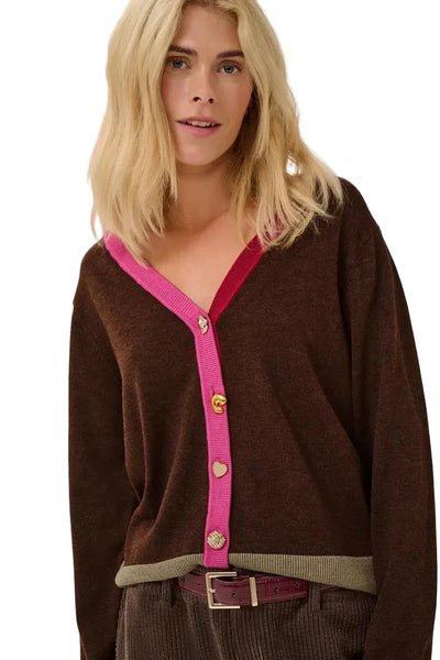 BROWN COLORBLOCK CARDIGAN WITH CHARM BUTTONS Cardigan CULTURE XS Brown 