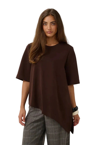 BROWN CREW NECK ASYMMETRICAL T SHIRT Top CULTURE XS Brown 