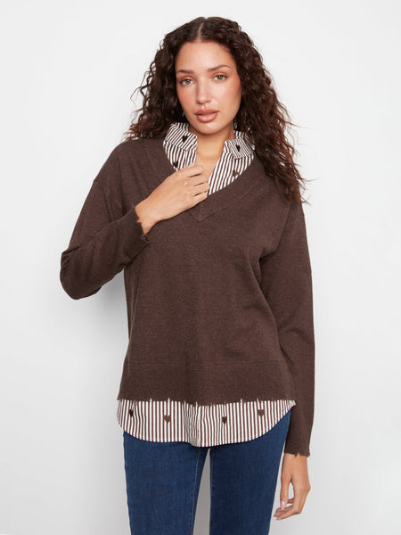 BROWN HEART EMBROIDERED LONG SLEEVE FOOLER SWEATER SWEATER Charlie B 