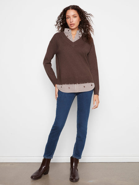 BROWN HEART EMBROIDERED LONG SLEEVE FOOLER SWEATER SWEATER Charlie B 