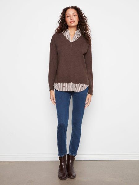 BROWN HEART EMBROIDERED LONG SLEEVE FOOLER SWEATER SWEATER Charlie B 