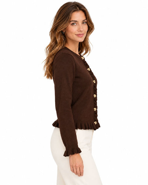 BROWN KNIT FRILL CARDIGAN WITH GOLD BUTTON DETAILS Cardigan CULTURE 