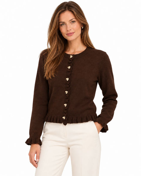 BROWN KNIT FRILL CARDIGAN WITH GOLD BUTTON DETAILS Cardigan CULTURE 